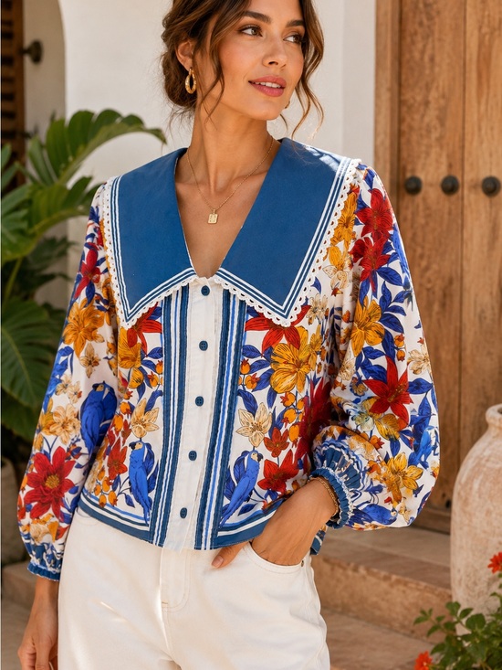 FARM Rio Tops - Farm Rio x Anthropologie Tropical Parrot Floral Sailor Collar Blouse S